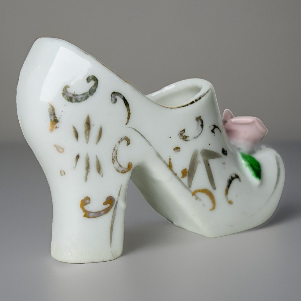 Vintage Ceramic Shoe Figurine Japan Porcelain Collectible Miniature Orange Mark